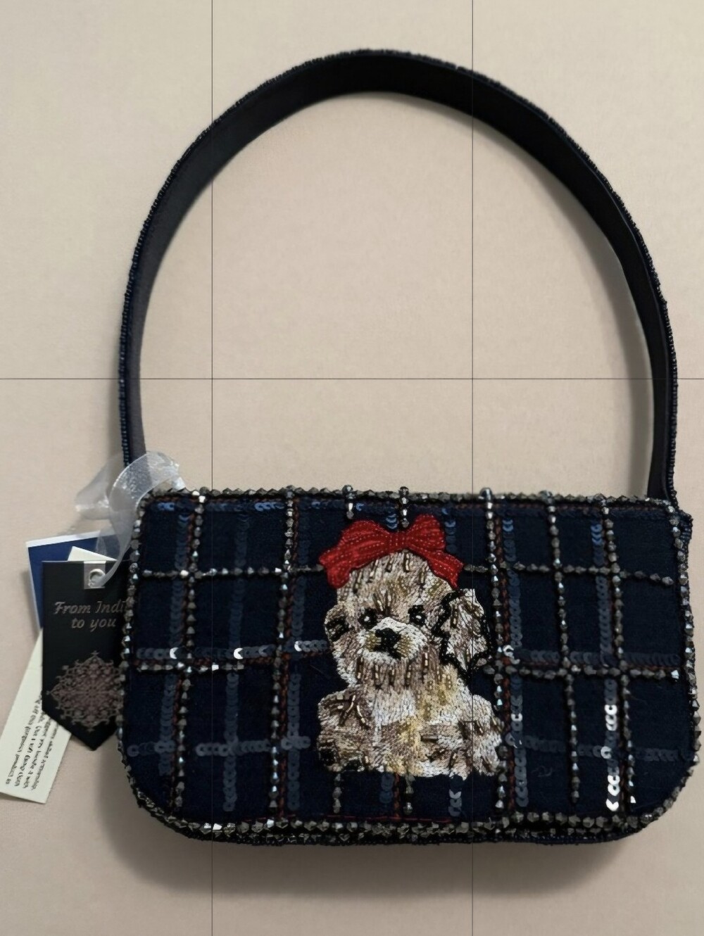 Embellished Navy Sequin Shoulder Bag Puppy With Red Bow Motif